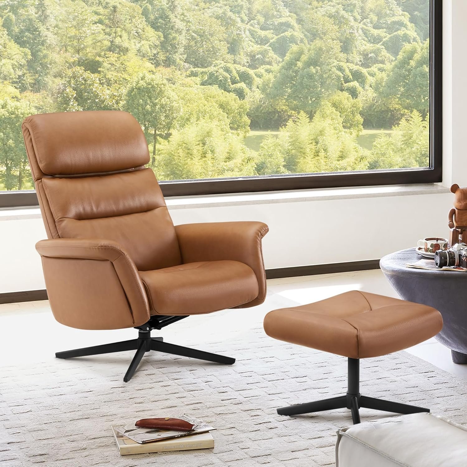 CHITA Genuine Leather Self-Weight Reclining Swivel Chair with Adjustable Headrest and Ottoman for Living Room, Office, Saddle