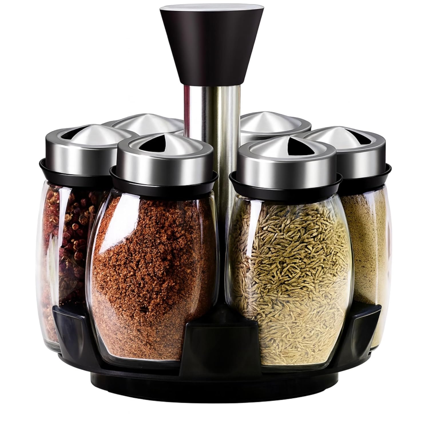 VOCO Revolving Spice Tower with 6 Spice Jars for Kitchen Countertop Stainless Steel Round Masala Rack for Seasoning Storage and Organized Cooking