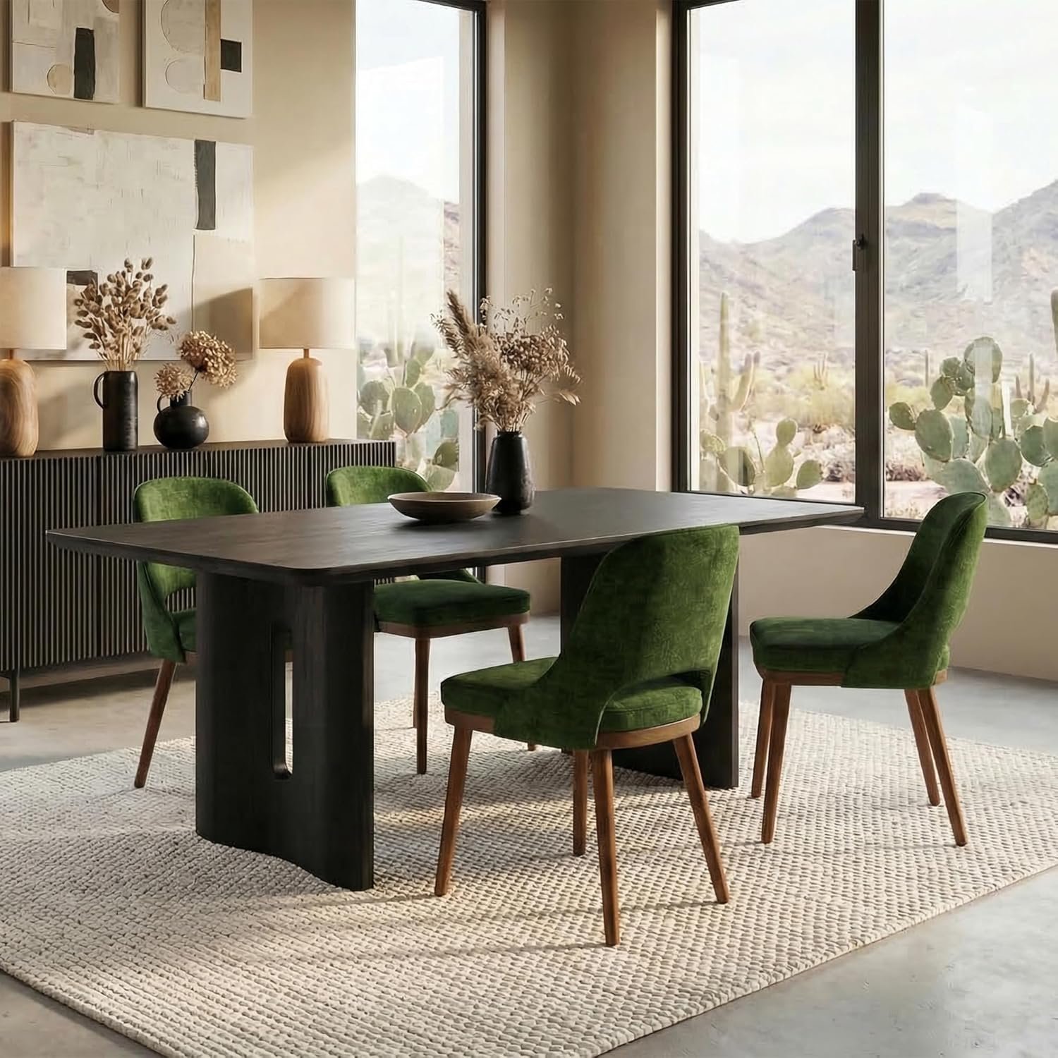 Fabric Upholstered Dining Chairs Set of 4, Modern Wooden Dining Room Chairs with Open Back, Farmhouse High Back Armless Side Kitchen Chairs, Walnut Wood Grain Style, Green