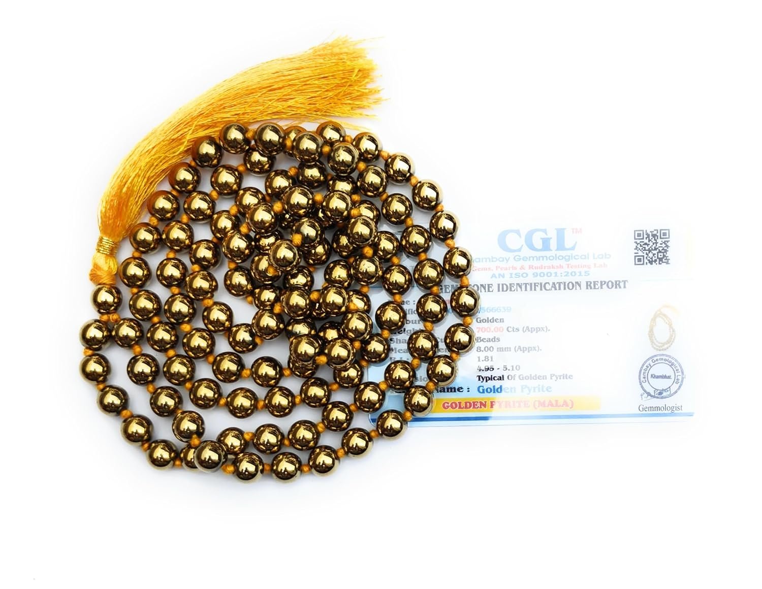 Apnisanskriti 8mm Golden Pyrite Mala – Energizing Beads for Prosperity and Spiritual Clarity (Pack of 1)