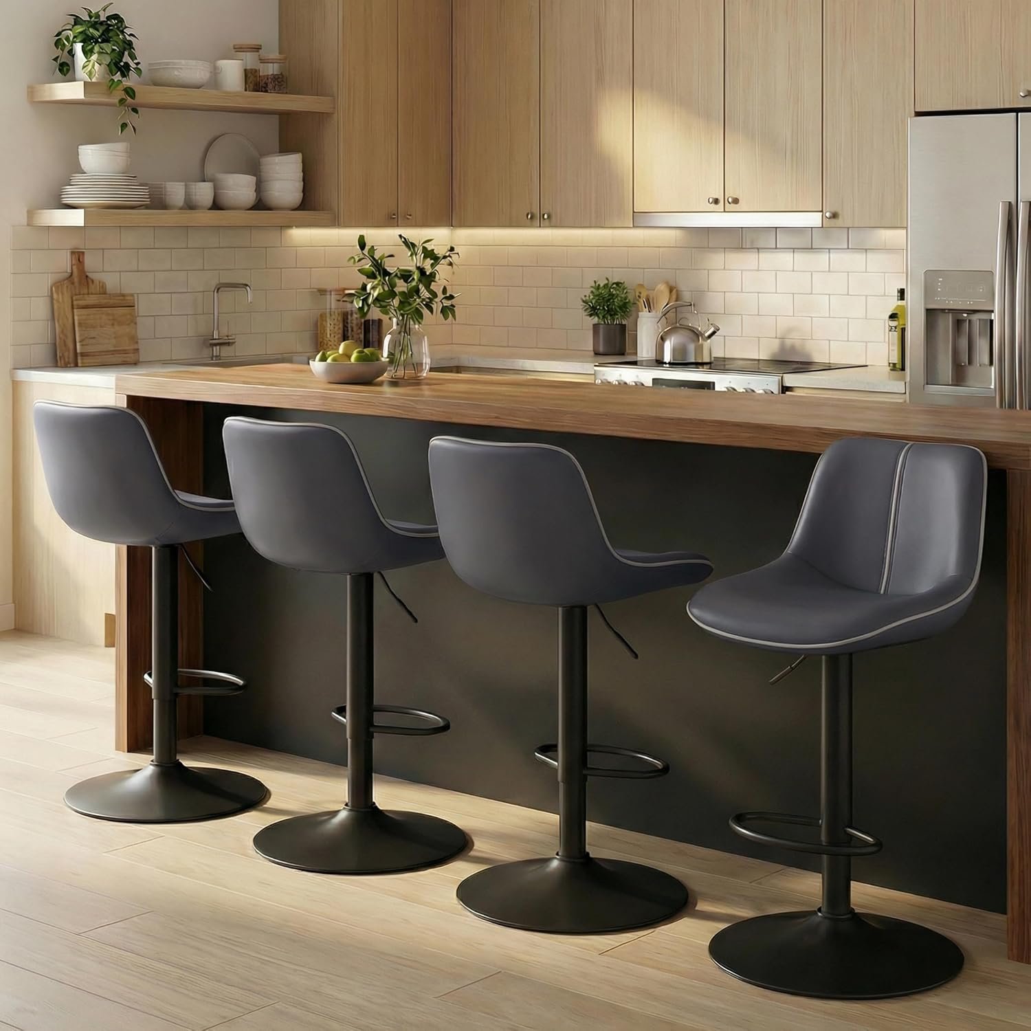 VASAGLE Bar Stools Set of 4, Adjustable Height Swivel Barstools with Ergonomic Backrest, Synthetic Leather, Larger Metal Base, Modern Tall Bar Chairs for Kitchen Island, Ink Black