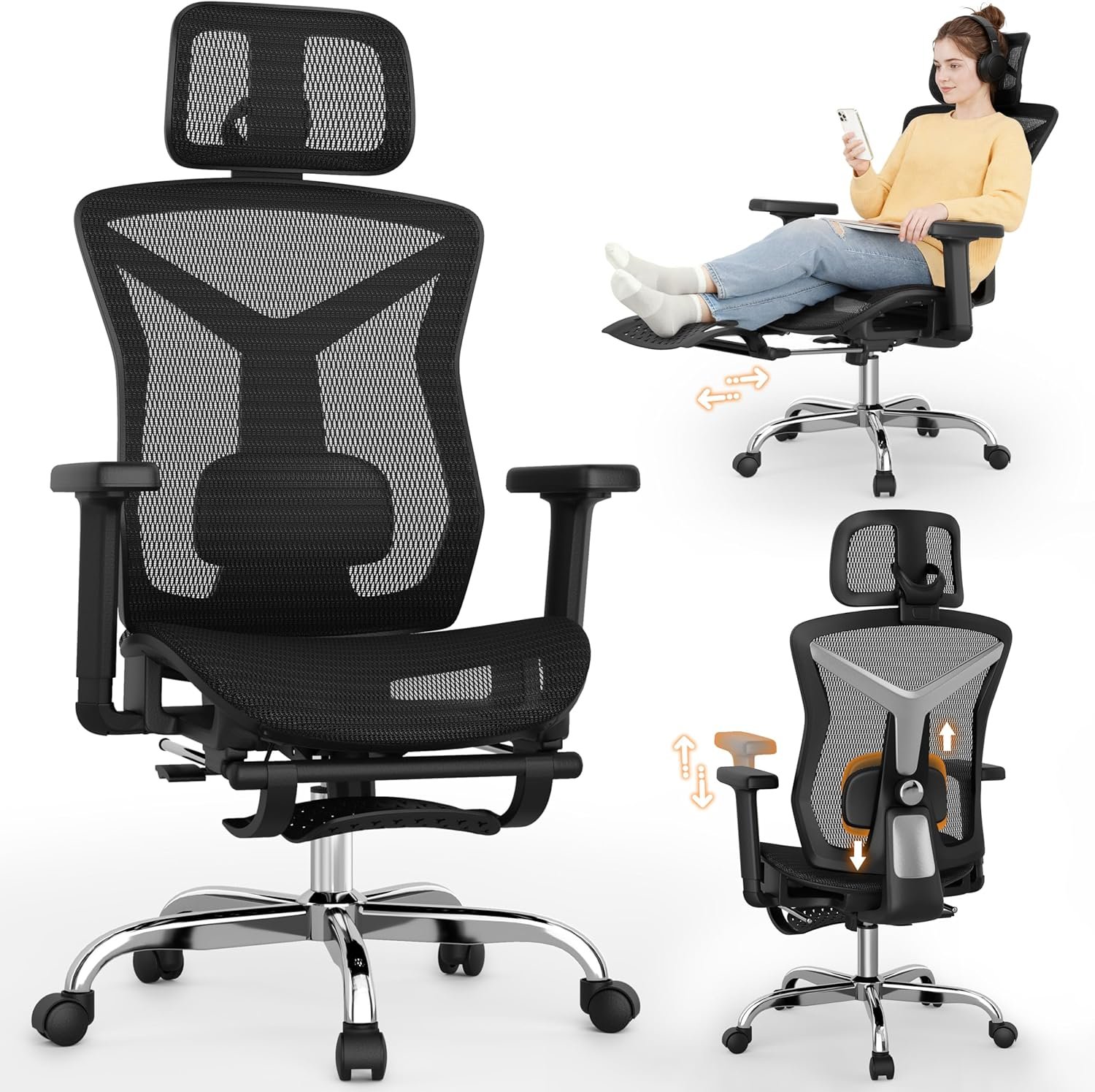Ergonomic Office Chair with Footrest, Desk Chair Comfy with 3D Adjustable Lumbar Support & Arm & Headrest, 4 Gear 90°-135° Tilt, Wide Air Mesh Seat, Heavy Duty Class-4 Gas Lift, Computer Gaming Chair