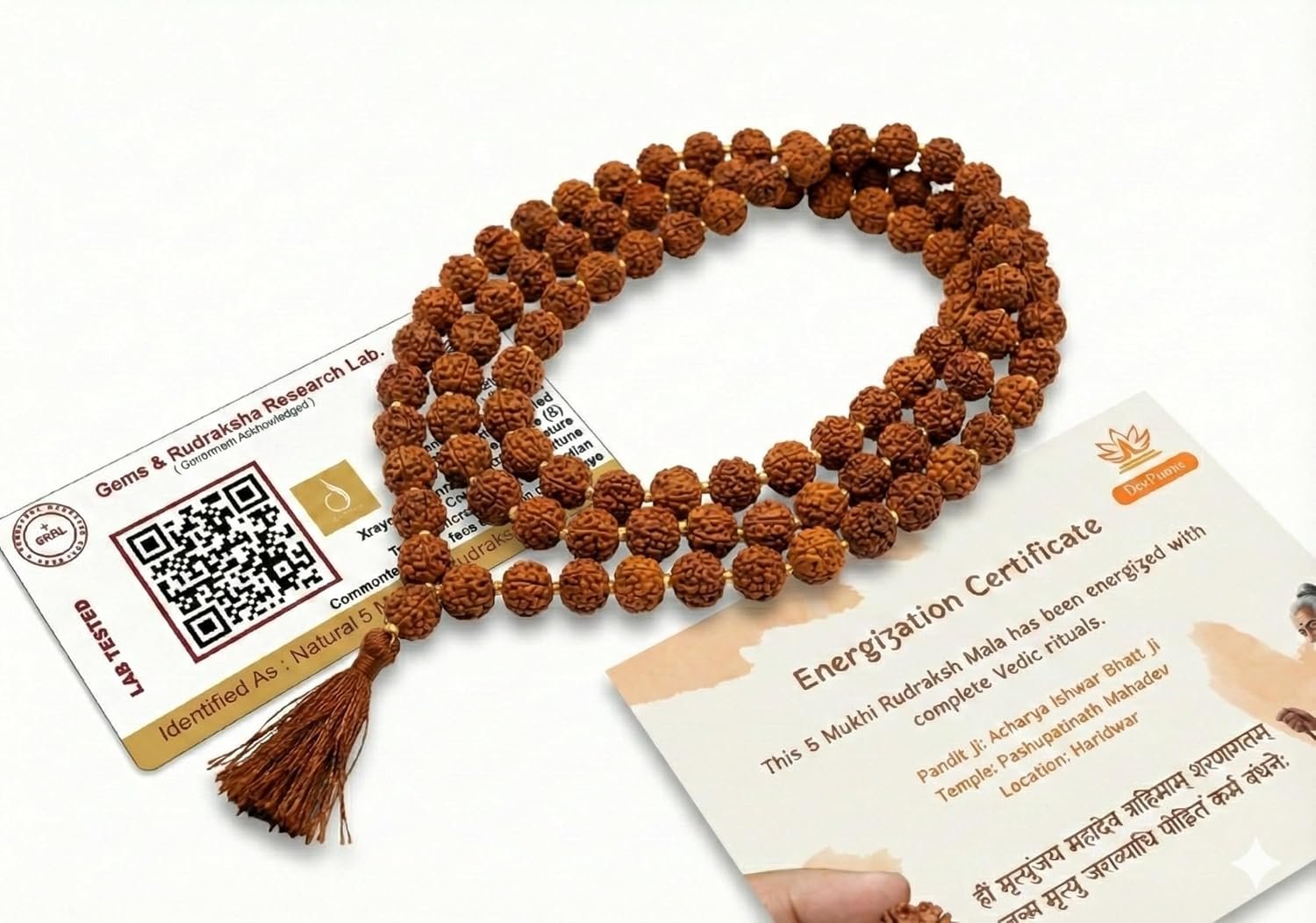 Panchmukhi Rudraksha Mala 108+1 Beads Original Abhi mantrit by Pandit Ji (Abhi Mantrit Video Proof + Purity Certificate Included)