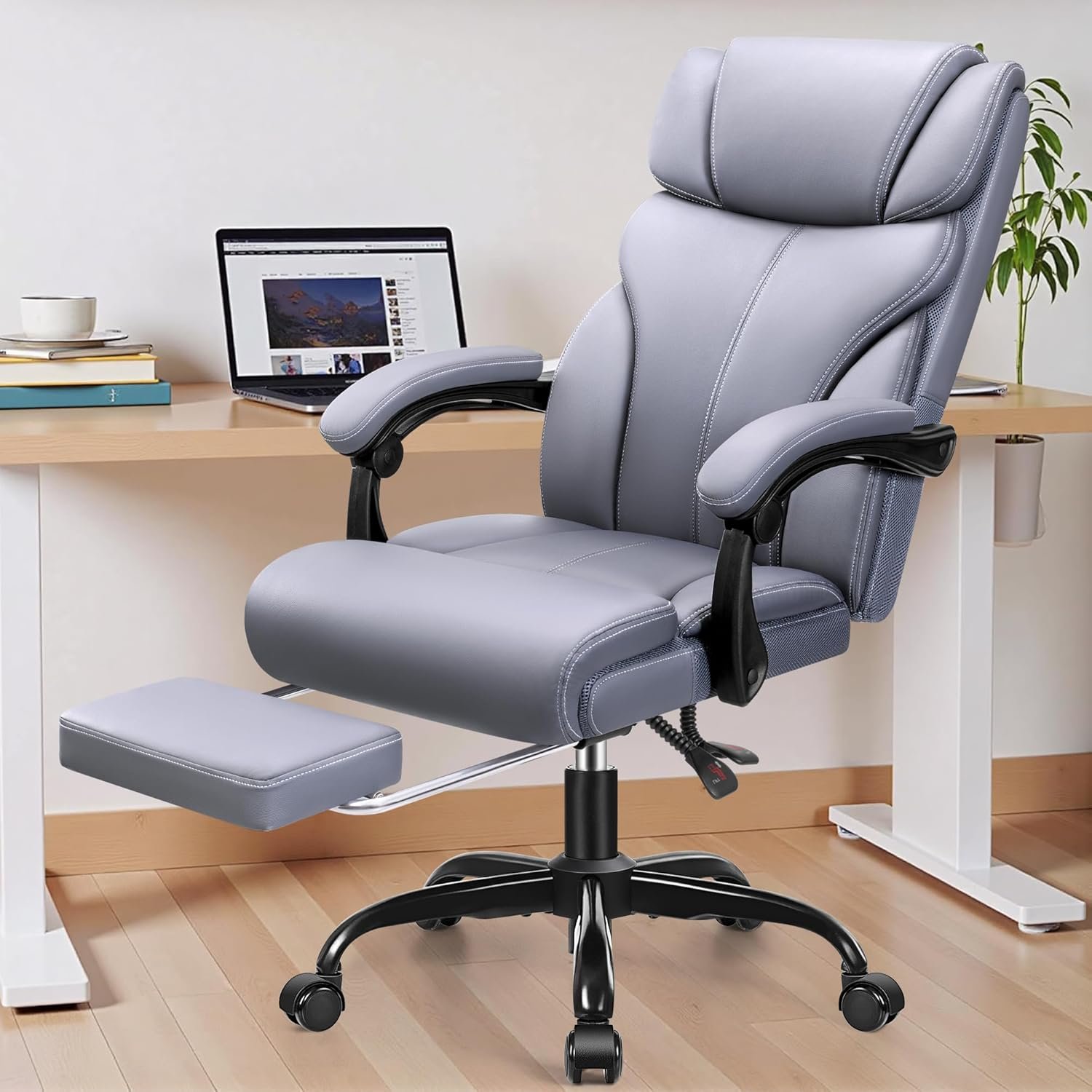Office Chair, Executive Big and Tall Leather Desk Chairs with Footrest, Ergonomic Breathable Computer Chair with Adjustable High Back, Lumbar Support Swivel PC Chairs with Rocking Function