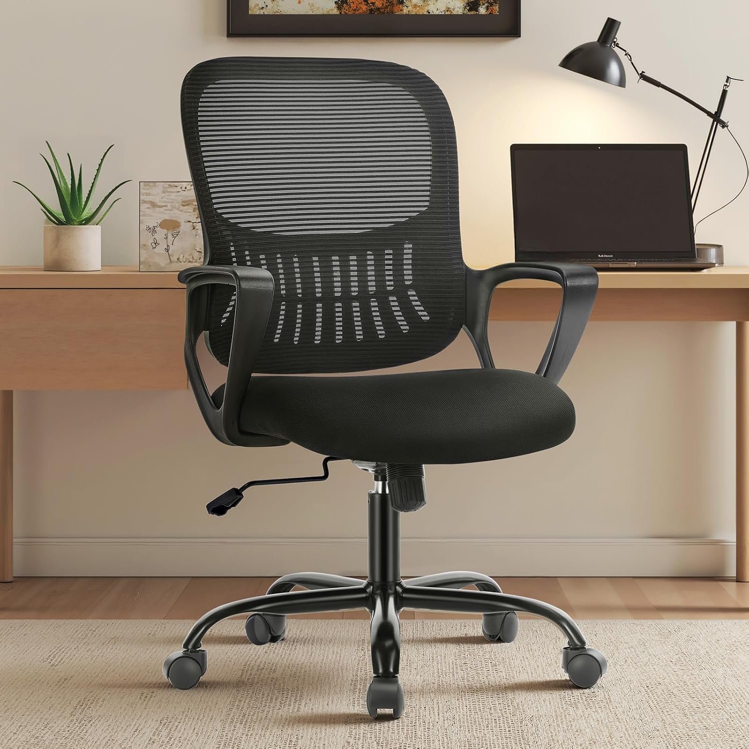 Sweetcrispy Home Office Managerial Executive Chair with Ergonomic Design, Mid-Back Mesh Swivel, Comfortable Lumbar Support, Comfy Arms for Bedroom,Study,Student, Black