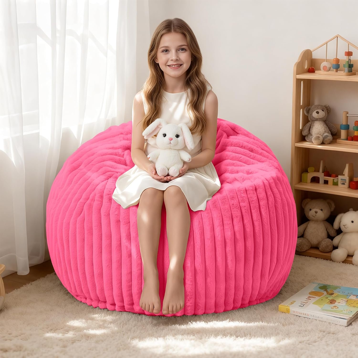 HABUTWAY 2FT Bean Bag Chair, 2′ Bean Bag Chairs with Memory Foam Filled, Small Comfy Beanbag Chair with Stripe Plush Cover for Living Room Bedroom Dorm，Pink