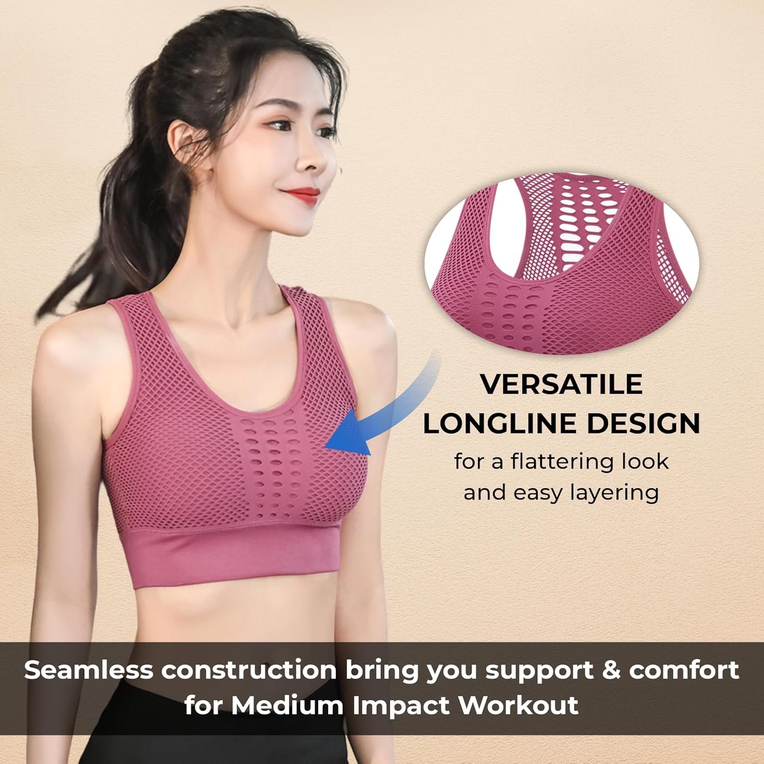 PLUMBURY Women’s Padded Mesh Racerback Sports Bra for Workout/Yoga, Size M to 2XL