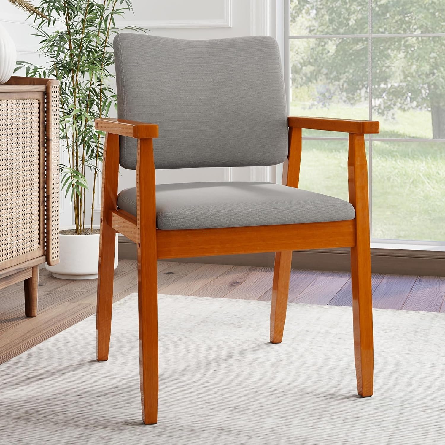 thksbought Mid Century Modern Walnut Dining Chairs Wood Arm Grey Fabric Kitchen Cafe Living Room Decor Furniture