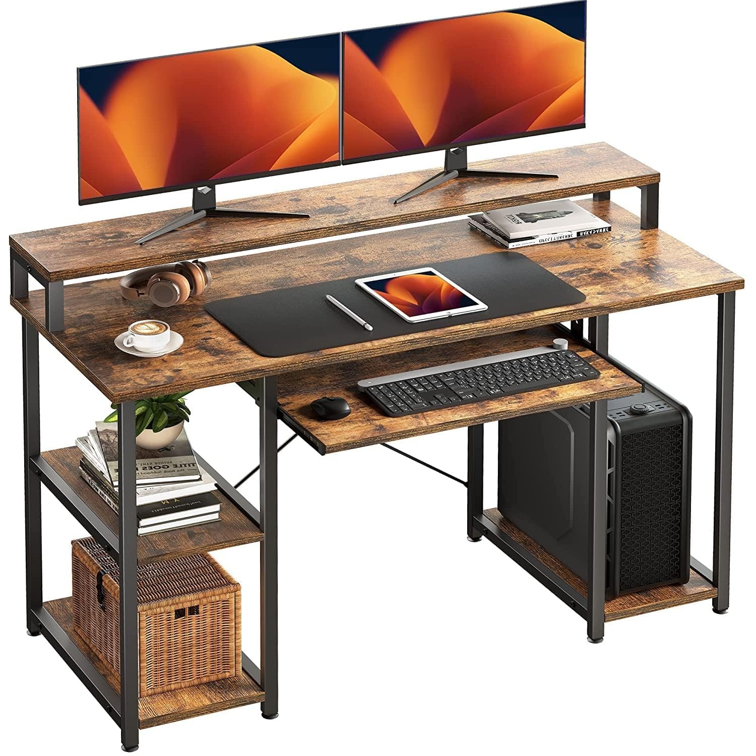 TEKAVO Computer Table with Keyboard Tray for Home & Office | Gaming & Music Computer Desktop Table | Office Table with Shelf Storage (Brown Wood, Metal | X Large – 150 x 60 CM) – DIY Assembly