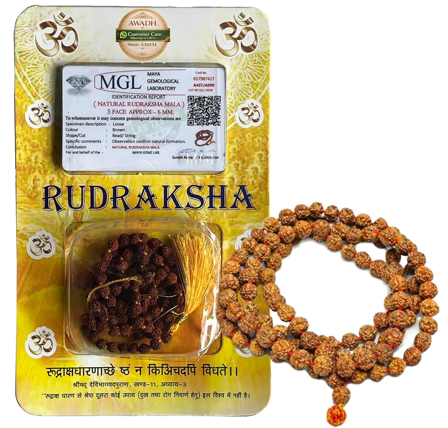 AWADH- Pure Original 5 Mukhi Rudraksha Mala 8 mm Brown Siva Rudraksha Jap Mala for Meditation, Pooja, Yoga, Japa, Spiritual Healing Lab Certified
