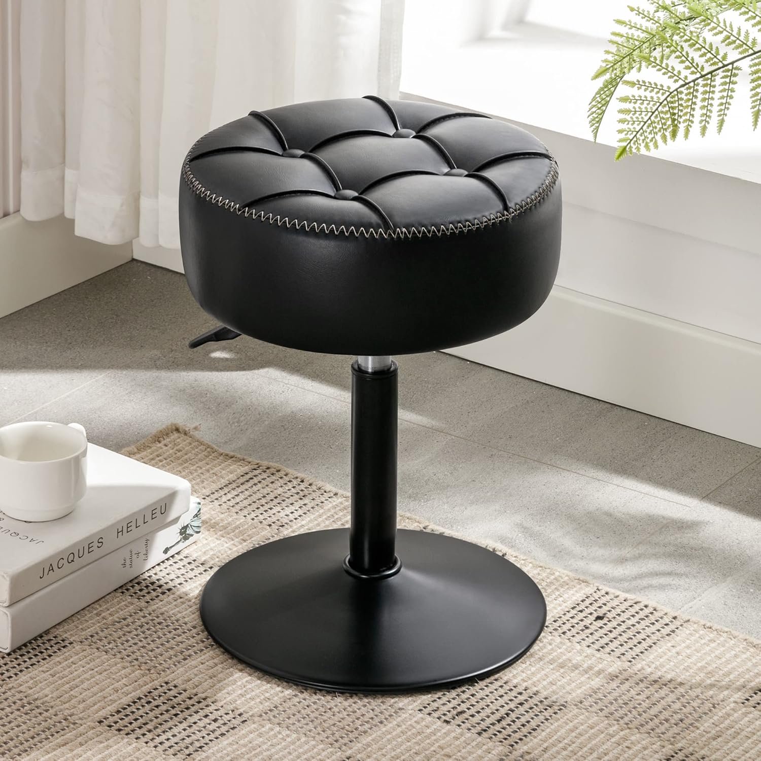 LUE BONA Adjustable Vanity Stool, 360°Swivel Vanity Chair for Makeup Room, Black Stool Chair for Vanity, Small Faux Leather Vanity Stools for Bathroom, Living Room