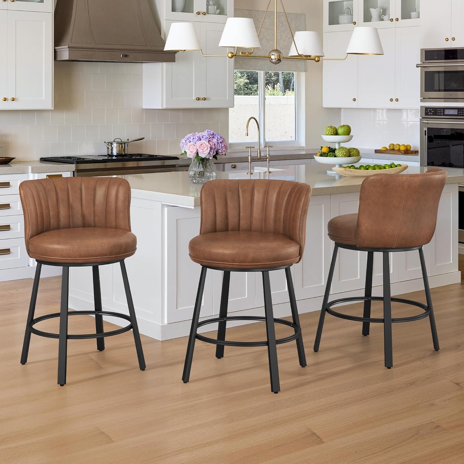 LUE BONA 360° Swivel Leather Bar Stools Set of 3, 26″ Counter Height Barstools with Backs and Metal Legs, Rustic Upholstered Bar Chairs for Kitchen Island, Brown