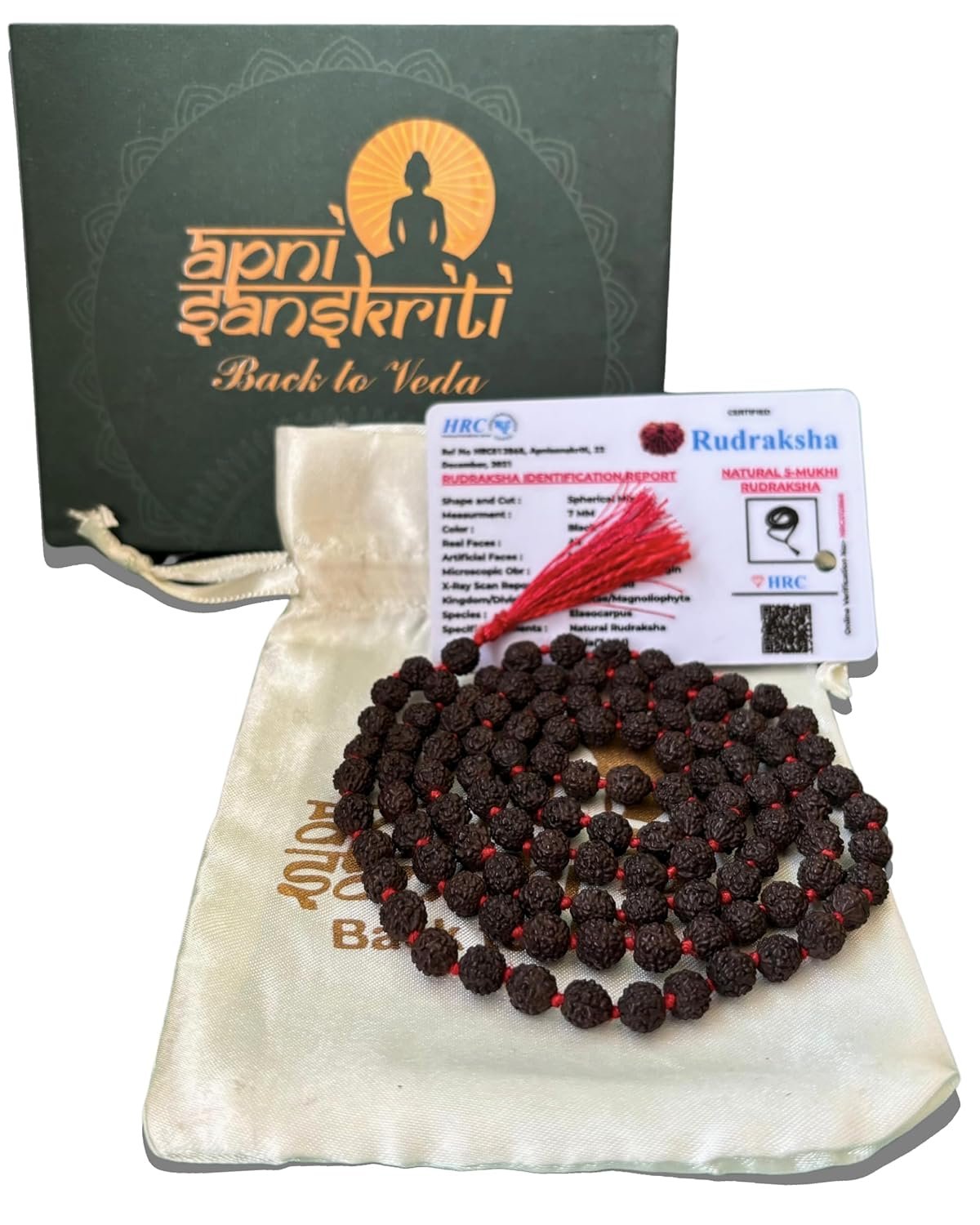 Apnisanskriti 5 Mukhi Black Rudraksha Mala (108+1 Beads, Lab Certified) Natural Black Rudraksha Beads (7mm)