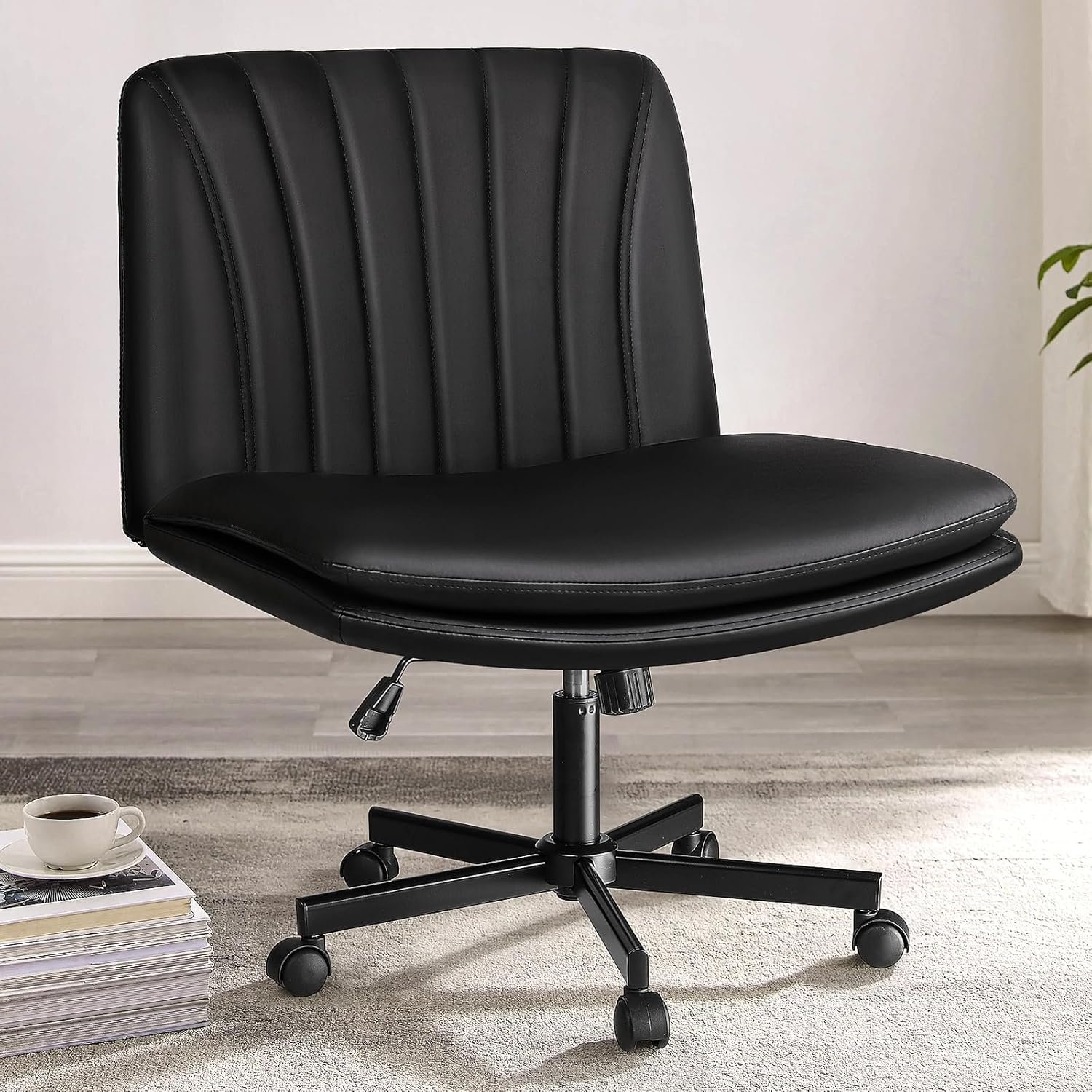 PUKAMI Criss Cross Chair with Wheels,PU Leather Armless Cross Legged Office Vanity Desk Chair for Home Office,Modern Swivel Height Adjustable Wide Seat(Black)