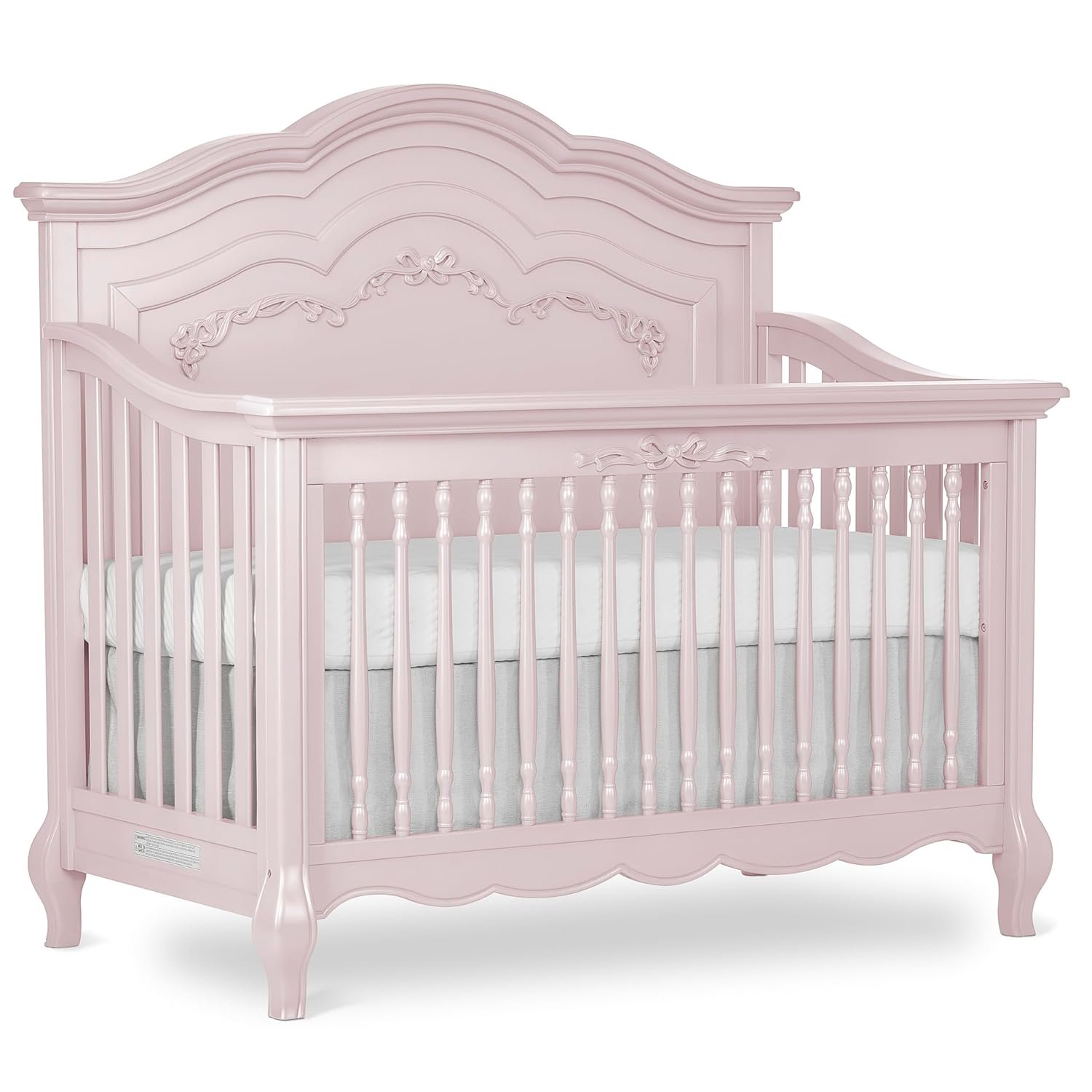 Evolur Aurora 5-in-1 Convertible Full-Size Baby Crib in Dusty Rose, GreenGuard Gold & JPMA, 3 Mattress Heights, Ribbon Bow Scrollwork & Queen Anne Feet, Converts to Toddler, Day & Full-Size Bed