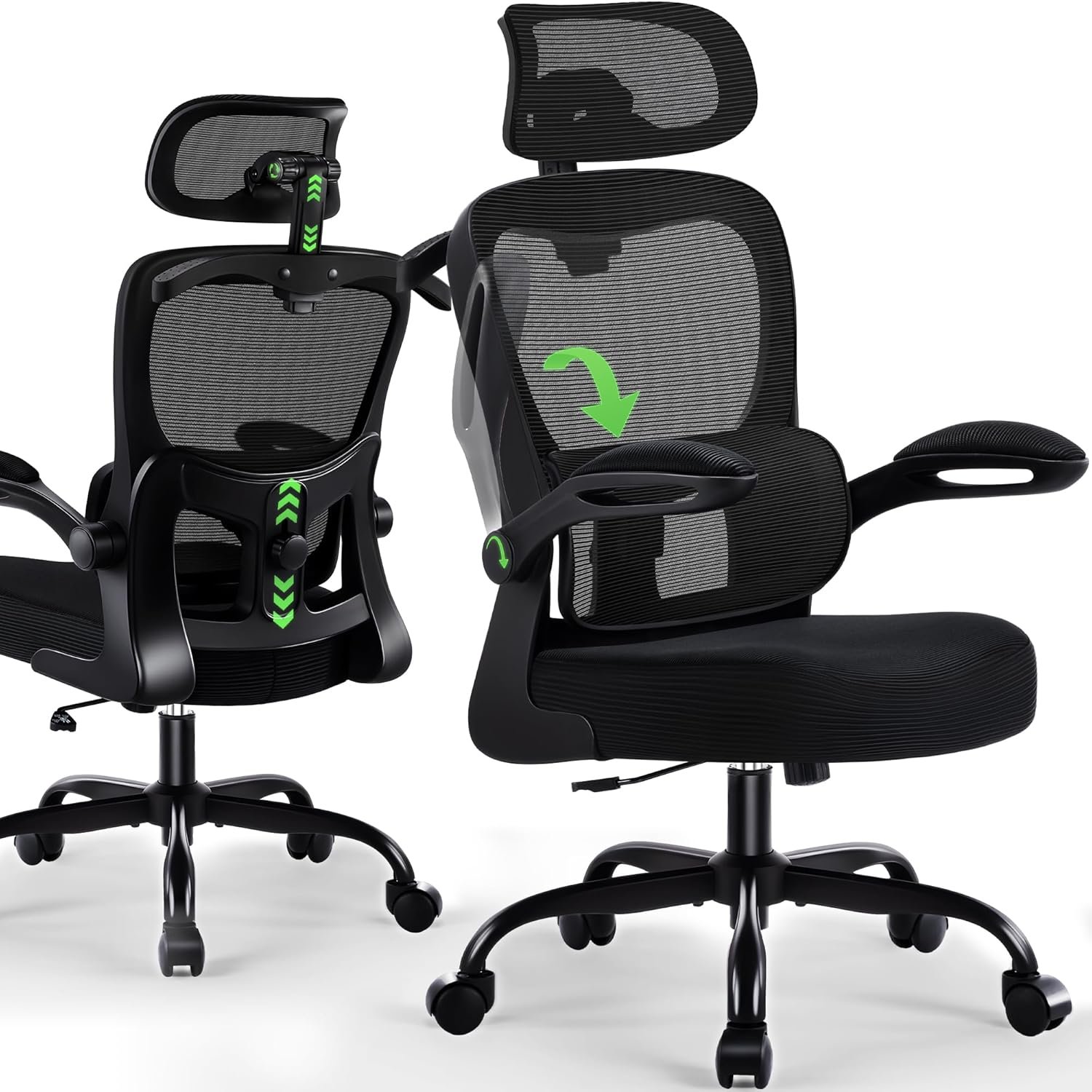 AreShark Office Chair Ergonomic Desk Chairs with Adjustable Lumbar Support& Headrest Hanger, High Back Breathable Mesh Chair with Wheels, Rolling Swivel Comfy Task Computer Chair for Home Work Gaming