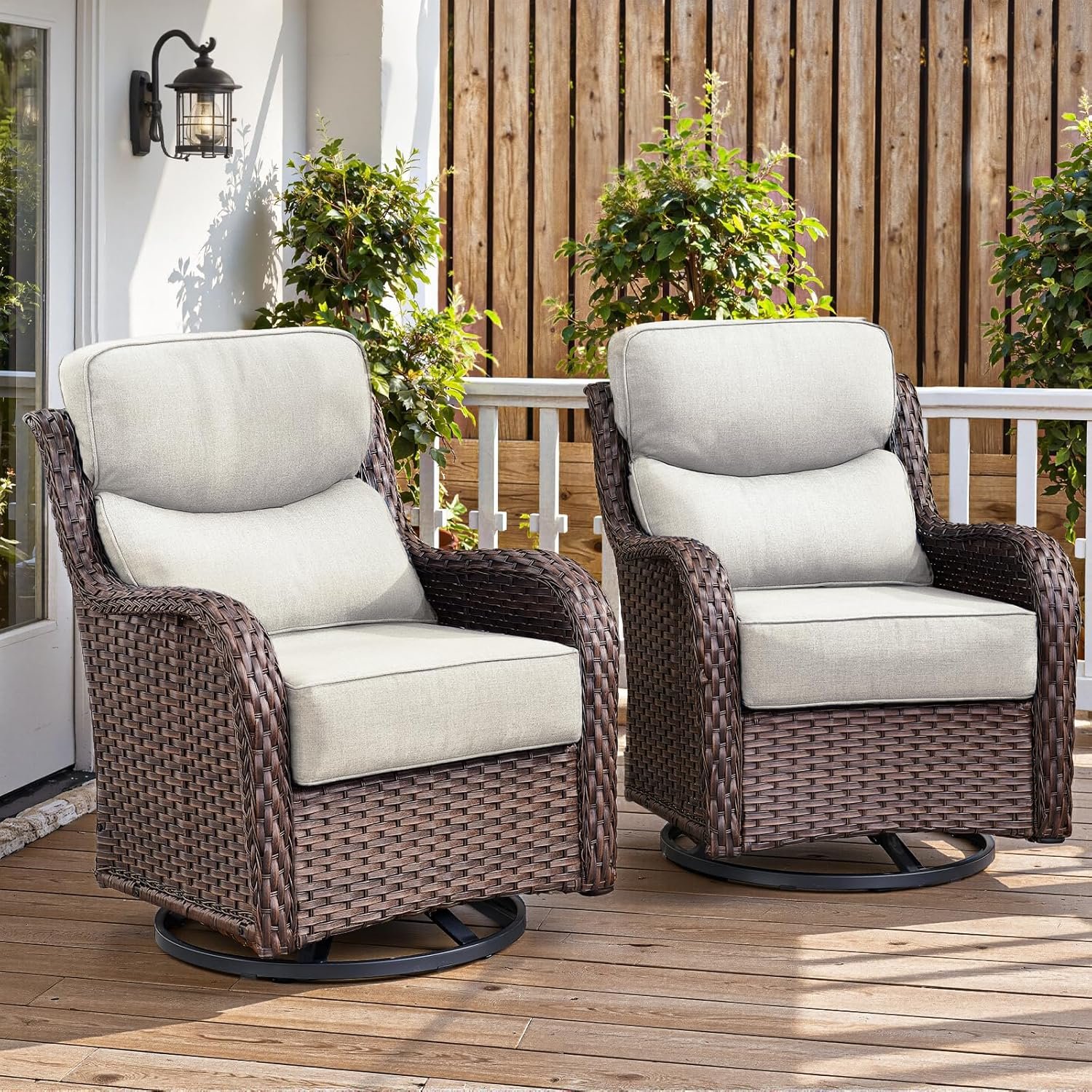 Belord Luxury 6″ Thick Cushioned Outdoor Swivel Rocker Patio Chairs of 2, High Back Wicker Patio Furniture Set with Ergonomic Zone Back, Conversation Glider Set for Deck Porch – Brown+Beige