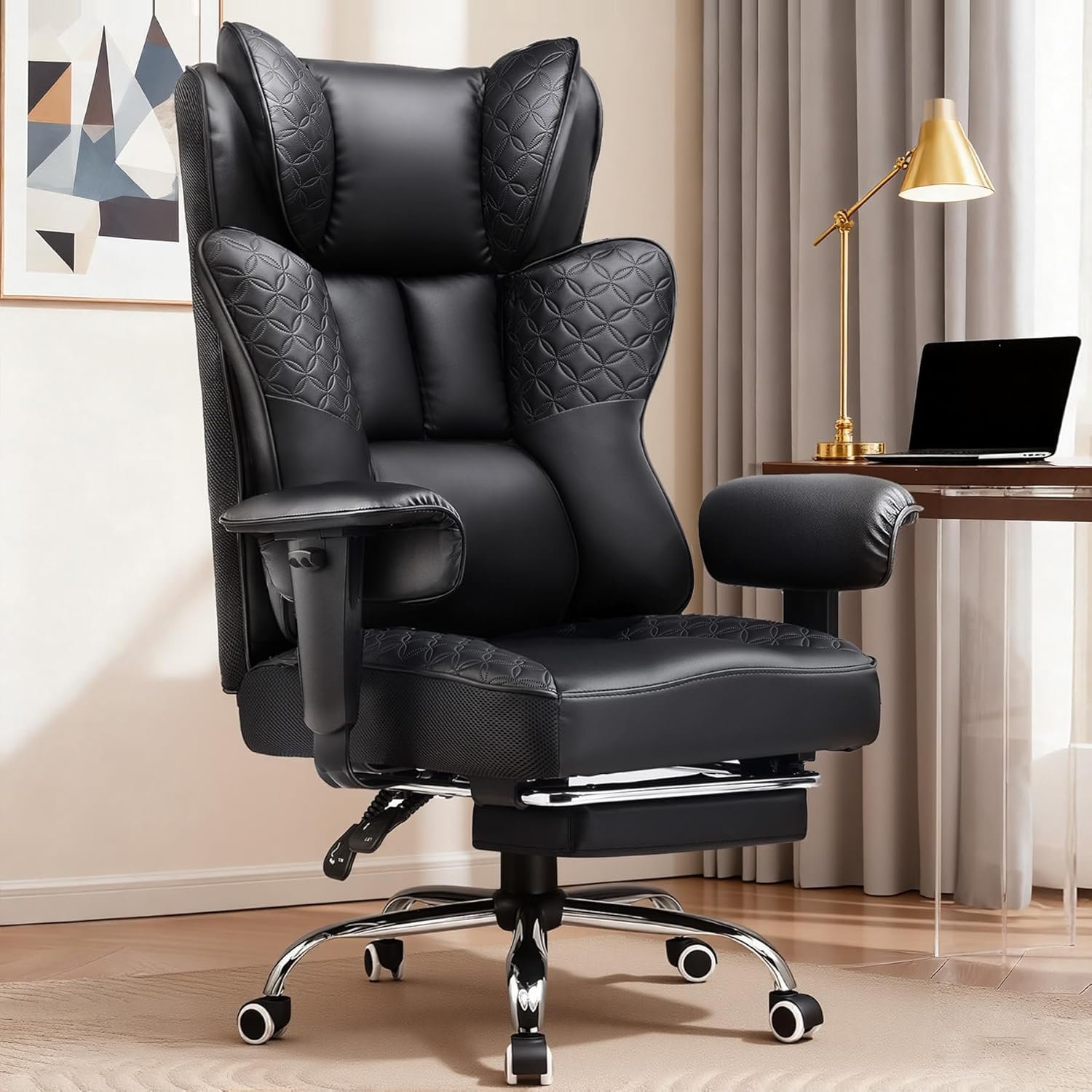 GTPLAYER Big and Tall Office Chair 400LBS Wide Ergonomic Gaming Chair with Deluxe Embossing Designed Leather with Foot Rest,150°Reclining Adjustable Soft Armrests Pocket Spring Back Support and Pillow