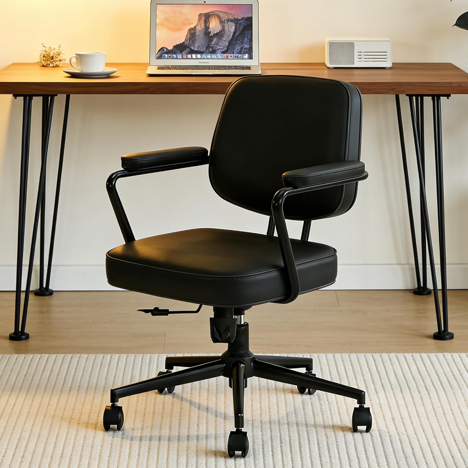 Home Office Chair, Ergonomic Desk Chair with Lumbar Support, Adjustable Height Rolling Swivel Task Chair with Armrests, PU Leather, for Meeting,Study Room Black