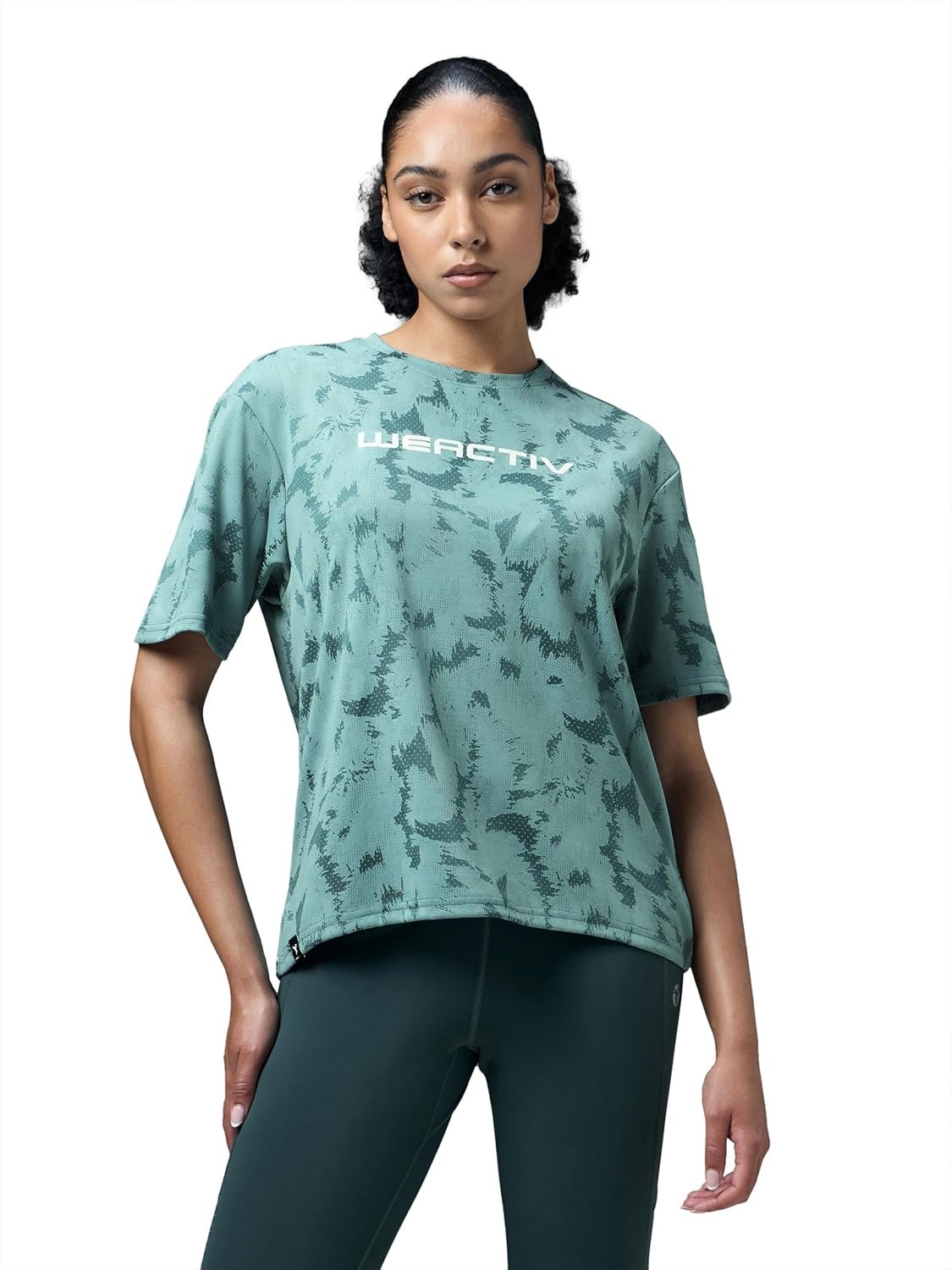 TECHNOSPORT Women’s Relaxed Fit Abstract Print Jacquard Crew Neck Half Sleeve T-Shirt for Gym, Sports & Regular Use