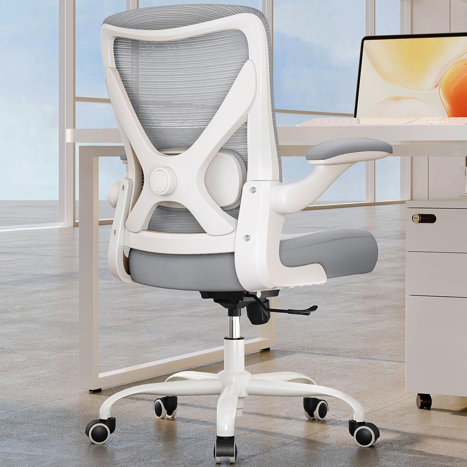 Office Chair Ergonomic Desk Chair Comfy: 330LBS Mesh Computer Chair Ergonomic Gaming Chairs with Wheels Adjustable Lumbar Support and Flip up Armrest-Swivel Executive Chairs Long Hours(White Gray)