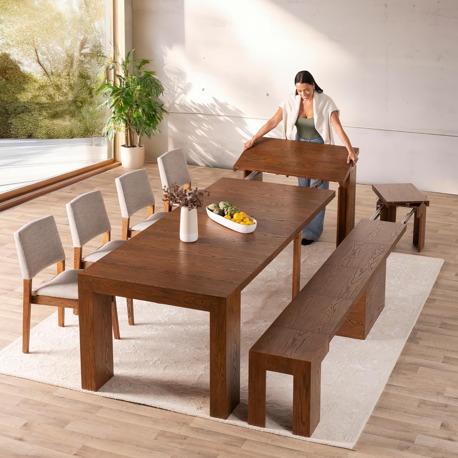 Transformer Table – Solid Wood Extendable Dining Table with Bench and 4 Stackable Chairs, Seats 2-12, Expandable Table, Space-Saving Furniture, Brown (Table + Bench + 4 Chairs)