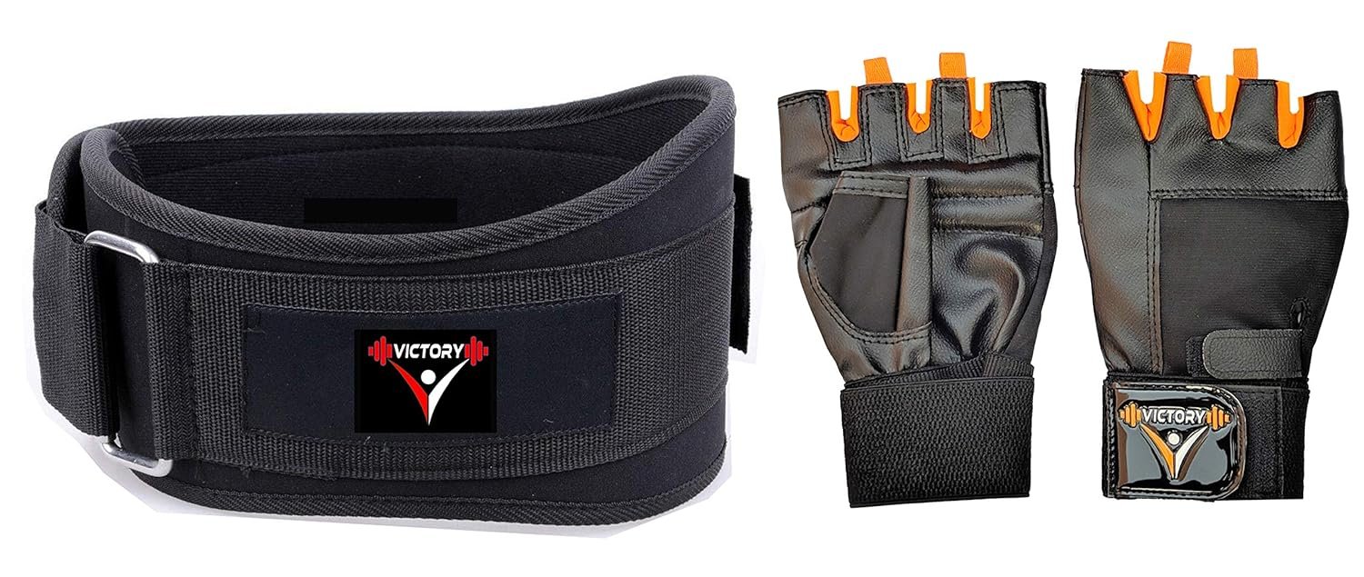 VICTORY Fitness Combo 4.5’’ Inch Wide Weightlifting Gym Belt Back Support & Abdomen Support and Premium Weight Lifting Gym Glove Orange (Medium (30”-34”))