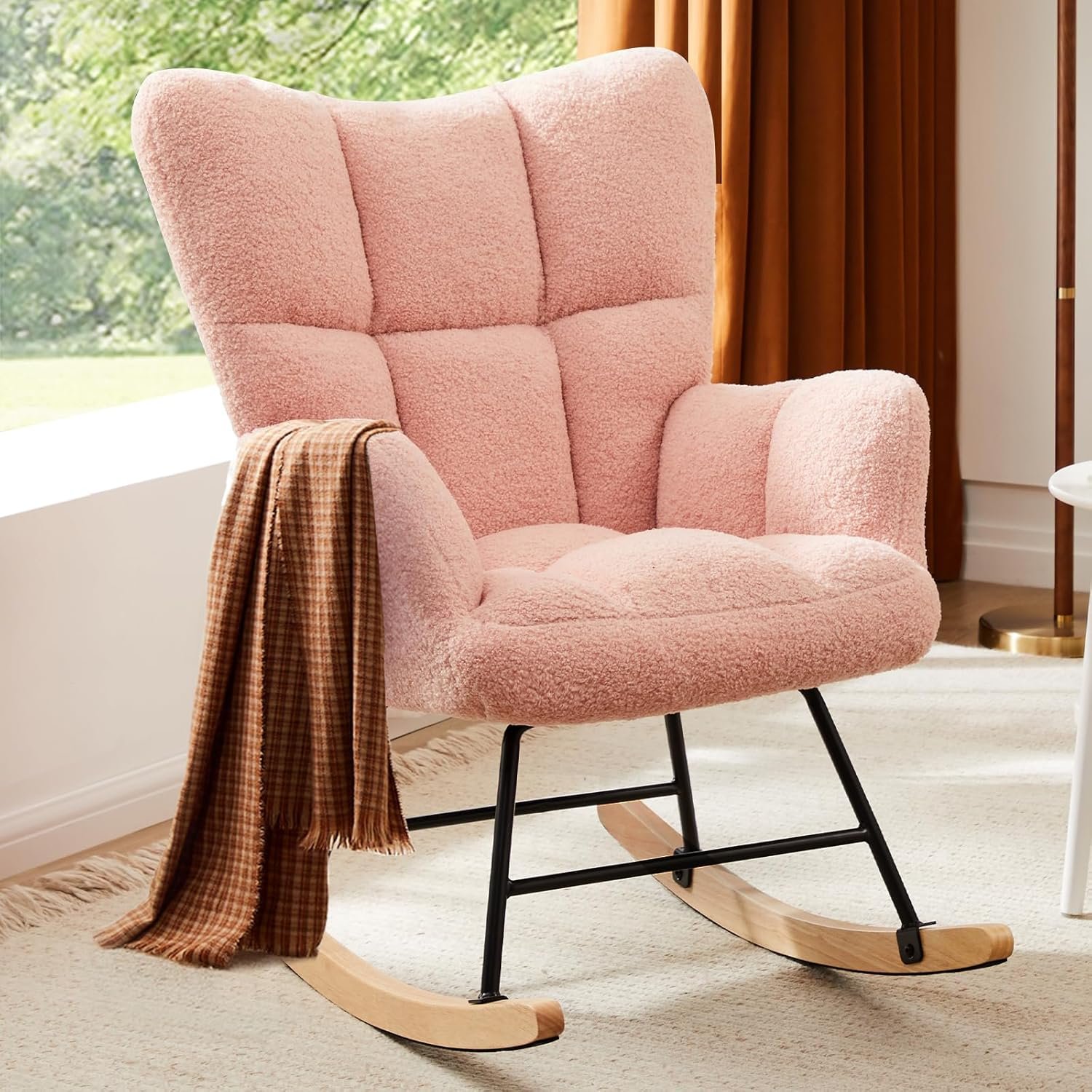DUMOS Rocking Chair with Wing Backrest, Teddy Upholstered Indoor Reading Glider Chair with Comfy Seat for Bedroom, Living Room, Office, Pink