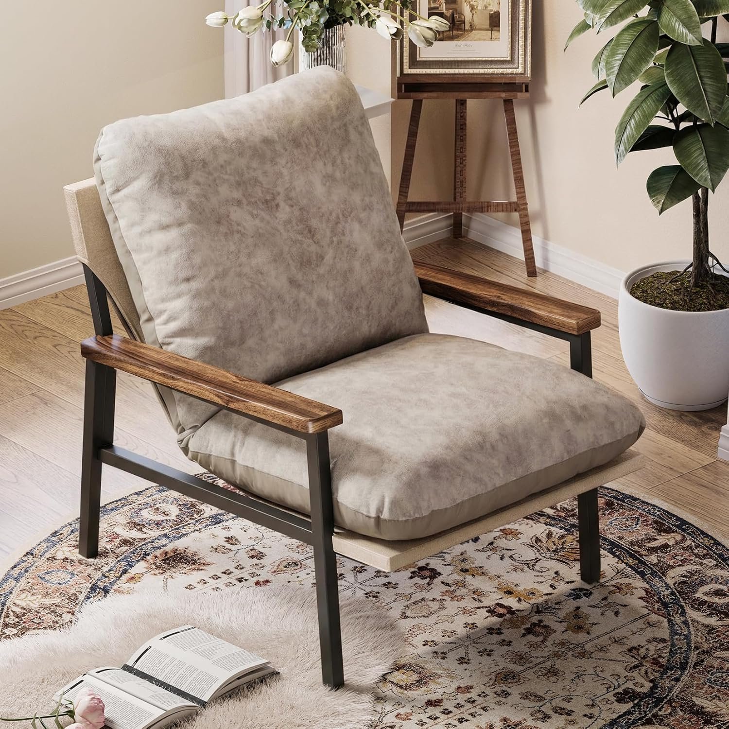 Big Leaf Cloud Accent Chair, Dual-Sided Cushion Accent Chair for Living Room with Acacia Wood Armrests & Sturdy Metal Frame, Ergonomic Lounge Chair for Bedroom, Cloud-Like Softness, Easy Assembly