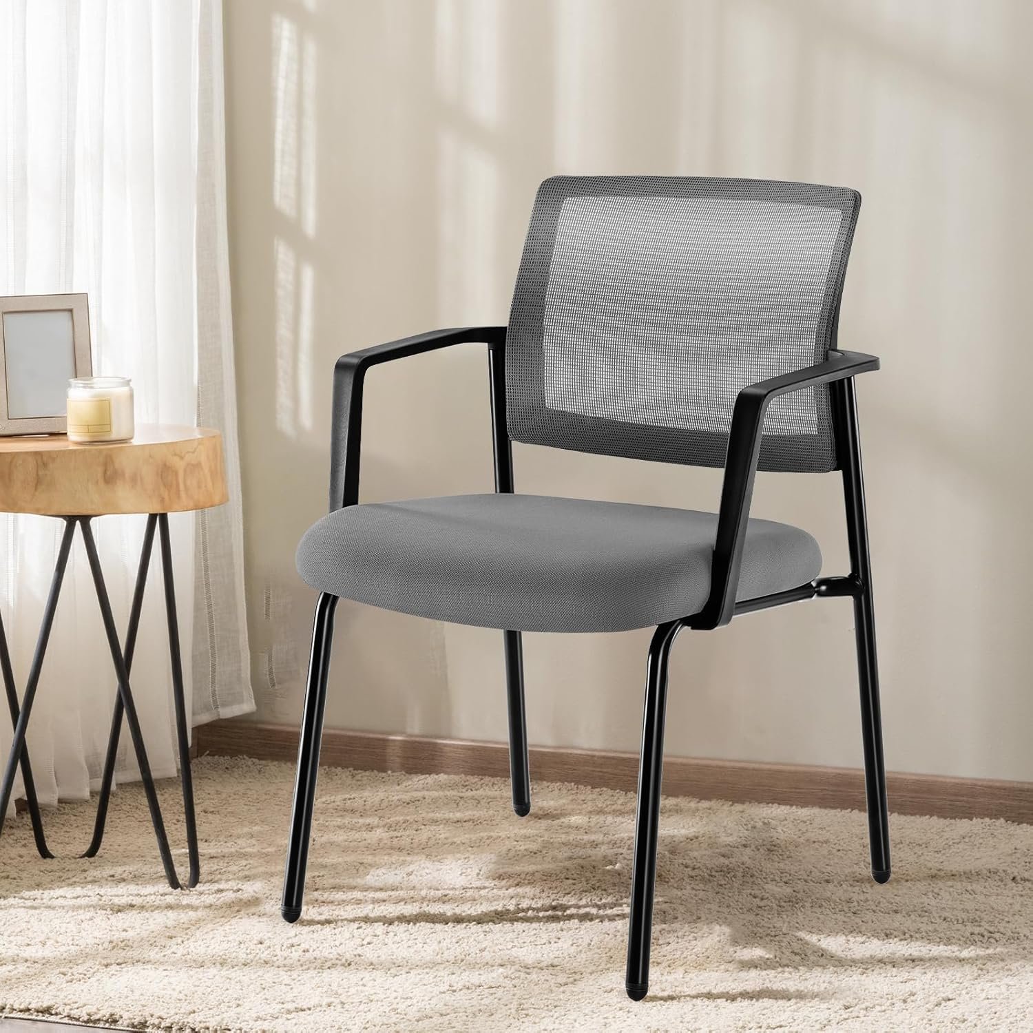 DUMOS Grey Stackable Arm Chairs with Mesh Back and Upholstered Fabric, Sturdy Metal Frame, Easy to Store and Use, Perfect for Indoor and Outdoor Spaces, 1 Chair