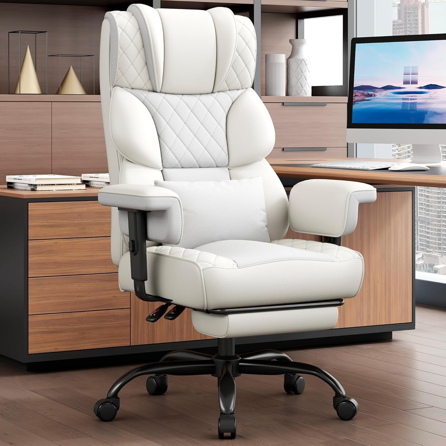 Vonesse Big and Tall Office Chair, Desk Chair with Soft Adjustable Armrests, Ergonomic High Back Gaming Chair with Lumbar Support, Executive Computer Chairs with Footrest (PU Leather, Ivory White)