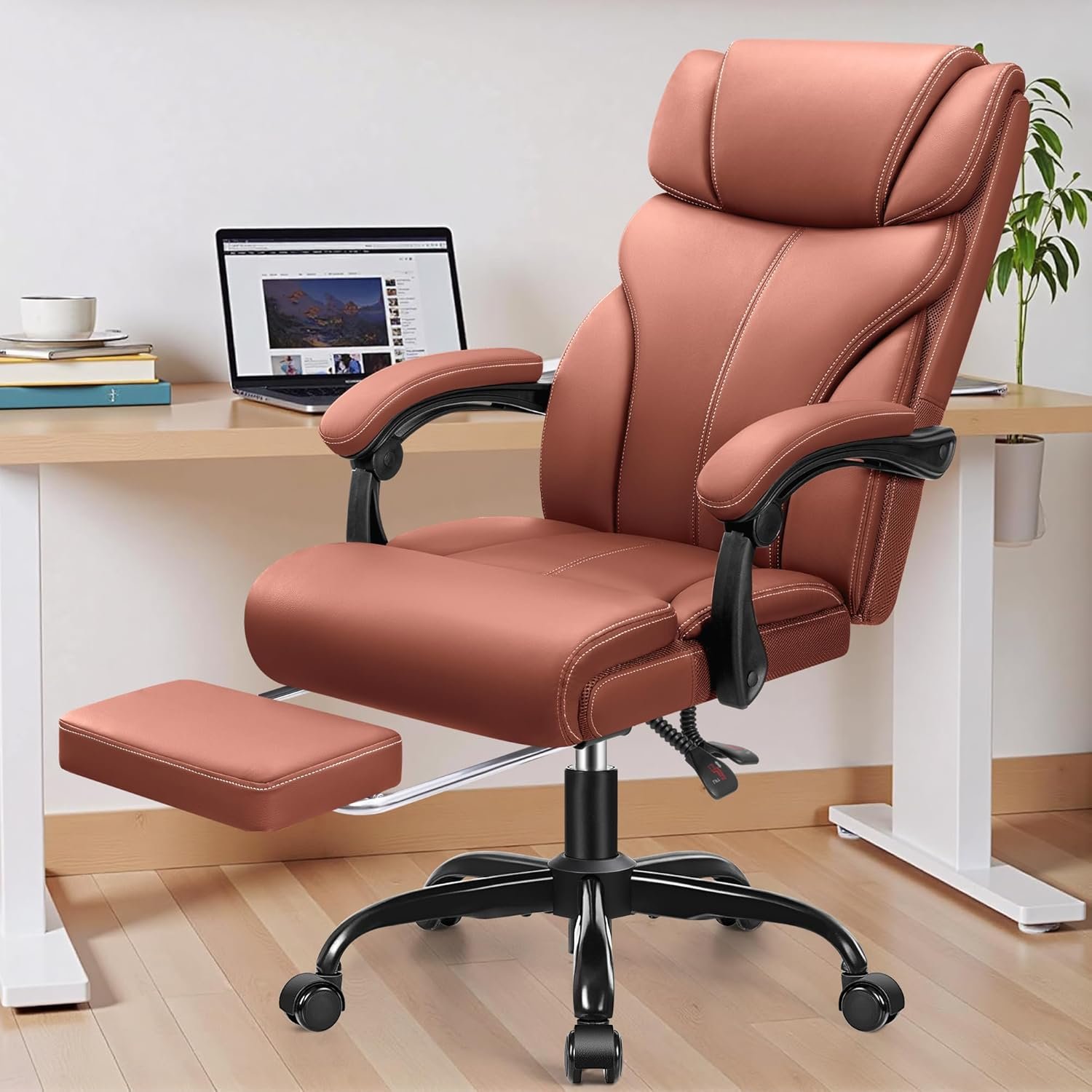 Office Chair, Executive Big and Tall Leather Desk Chairs with Footrest, Ergonomic Breathable Computer Chair with Adjustable High Back, Lumbar Support Swivel PC Chairs with Rocking Function