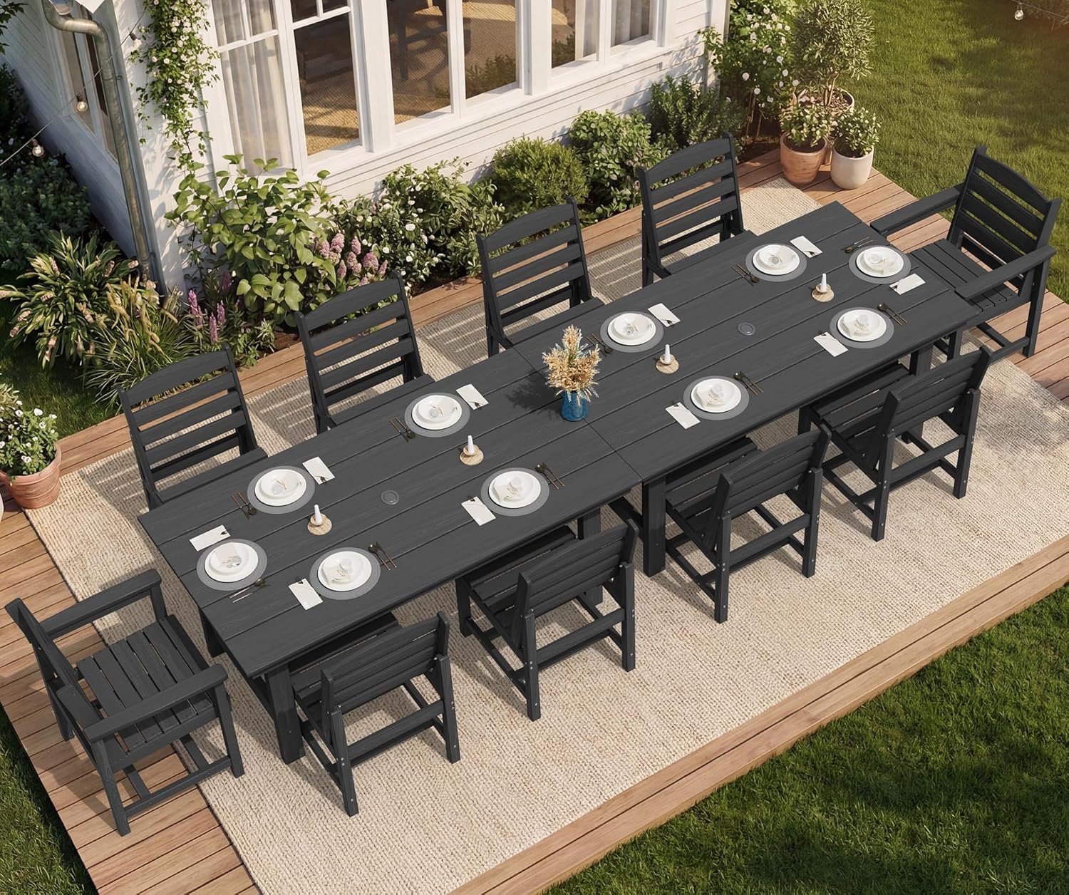 SERWALL Patio Dining Sets for 10 Person, HDPE Dining Set with 2 Tables, 8 Armless Chairs and 2 Armed Dining Chairs, Black