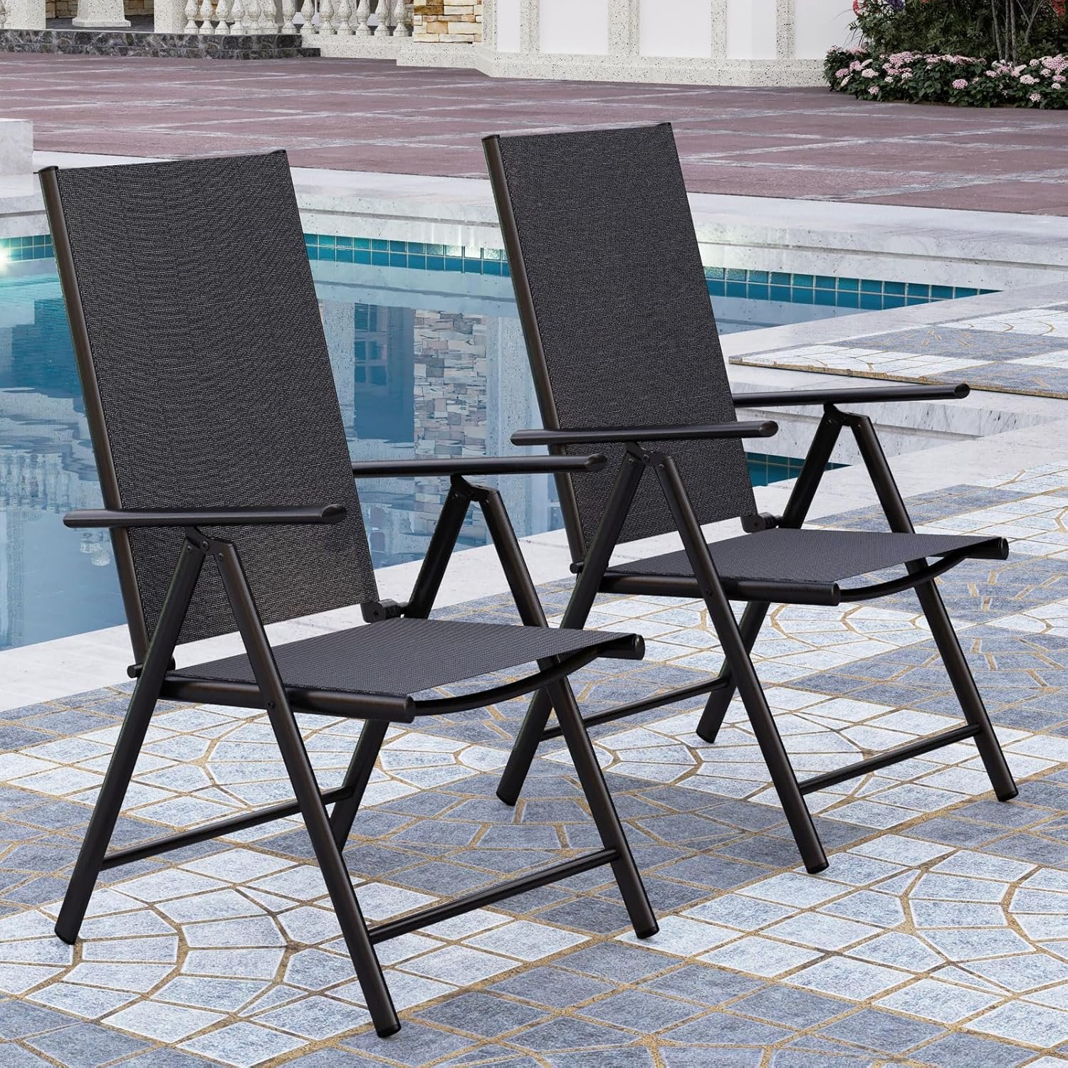 PHI VILLA Outdoor Patio Folding Chairs Set of 2, Portable Patio Dining Chairs with Adjustable Backrest for Outside, Garden, Lawn & Yard, No Assembly, Black