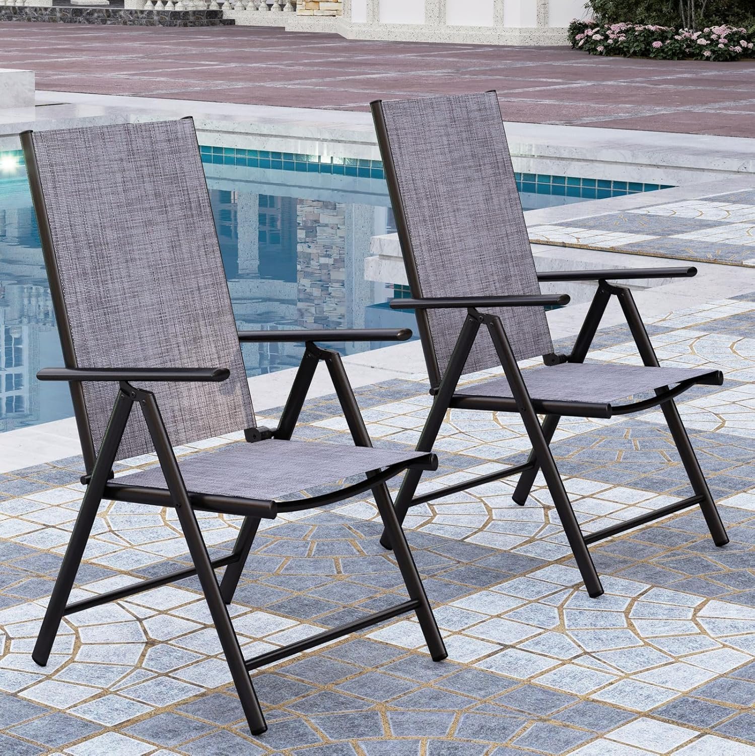 PHI VILLA Outdoor Patio Folding Chairs Set of 2, Portable Patio Dining Chairs with Adjustable Backrest for Outside, Garden, Lawn & Yard, No Assembly, Grey