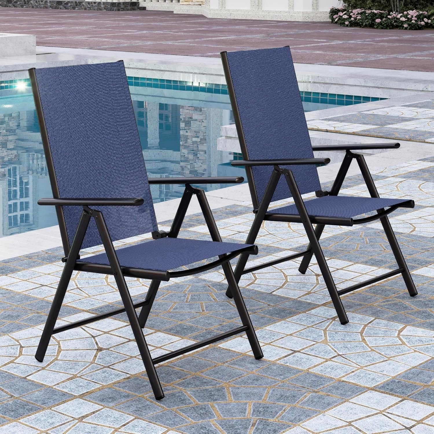 PHI VILLA Outdoor Patio Folding Chairs Set of 2, Portable Patio Dining Chairs with Adjustable Backrest for Outside, Garden, Lawn & Yard, No Assembly, Blue