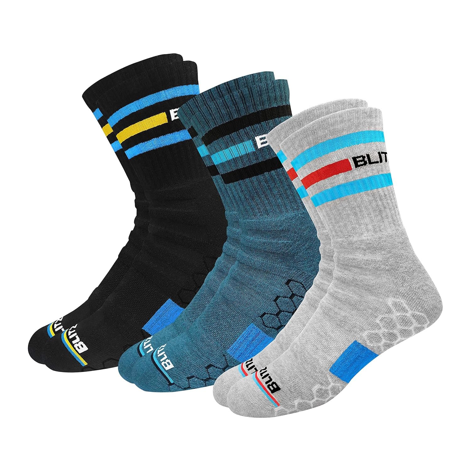 BLITZSOX Hi-Tech Performance Athletic Crew Length Socks (Tennis, Badminton, Running, Gym & Indoor Training), Pack of 3