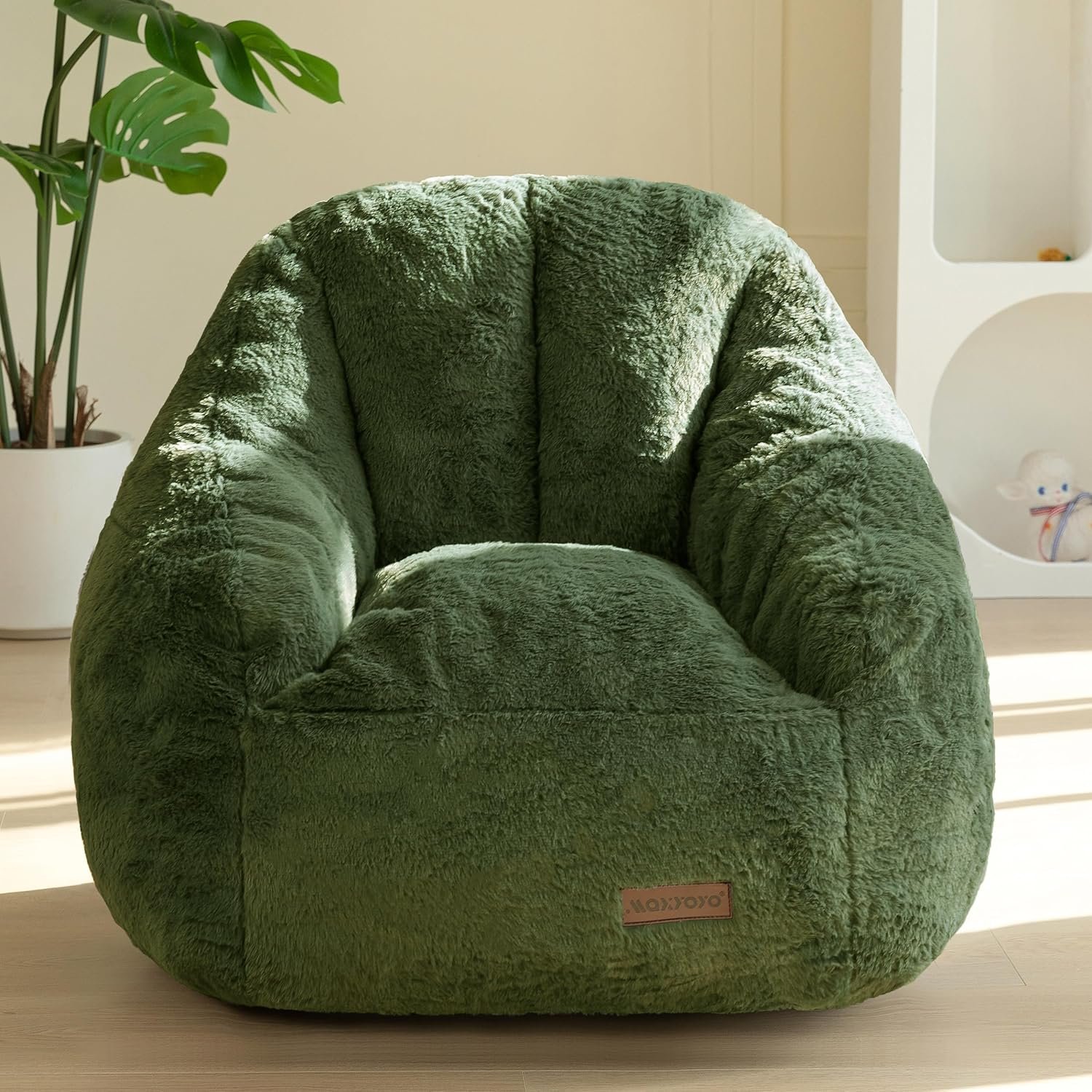 MAXYOYO Kids Bean Bag Chair, Comfy Bean Bag Sofa with Back Support, Faux Fur Cute Chair for Boys and Girls, Stuffed Floor Sofa for Nursery, Bedroom, Green