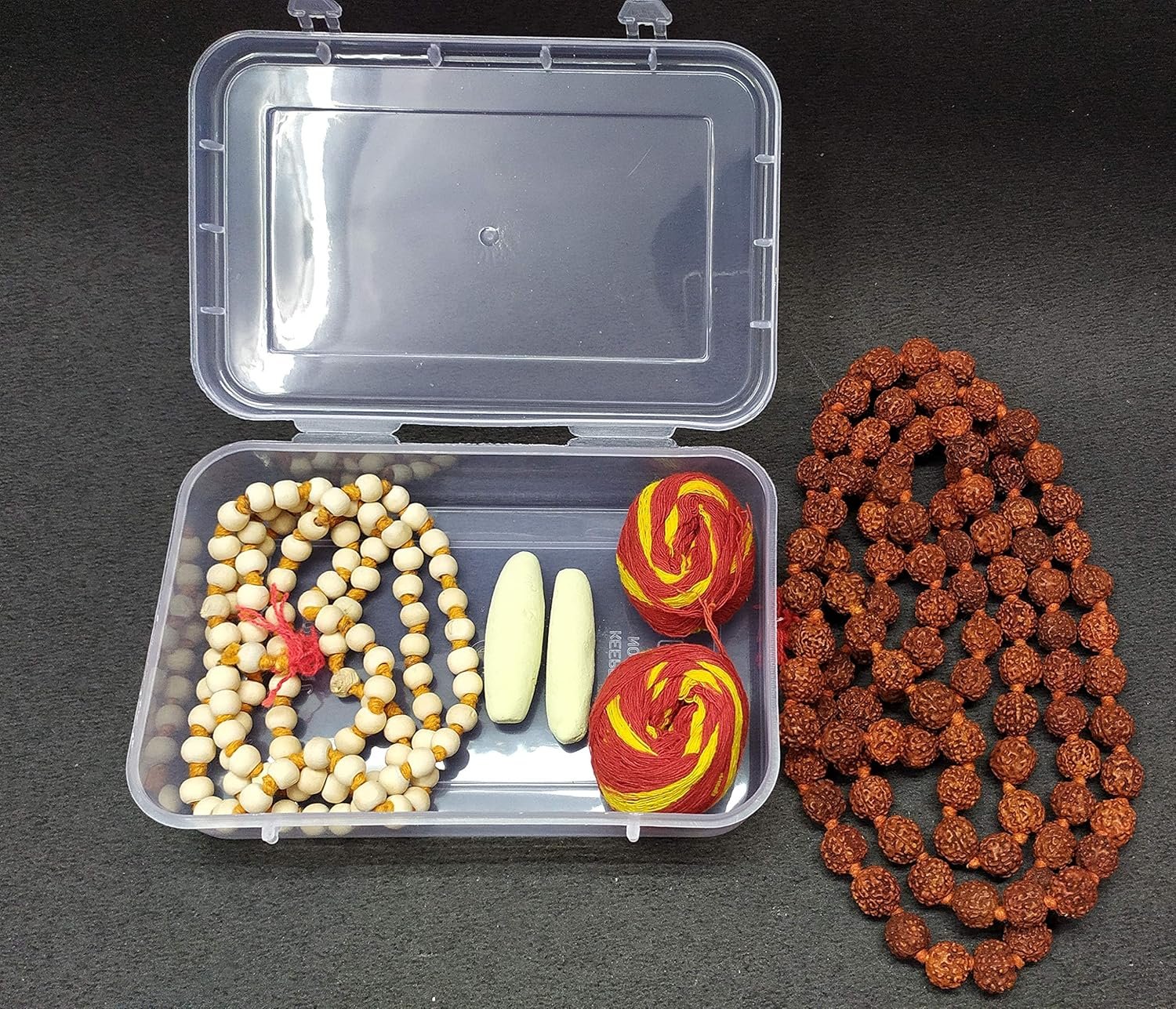 Right Rudraksha mala for Men/Women Original (Pack of 1) with 1 Tulasi Mala 108 Beads Original and 2 Gopi Chandan and 2 Pooja moli Thread in a Plastic Box